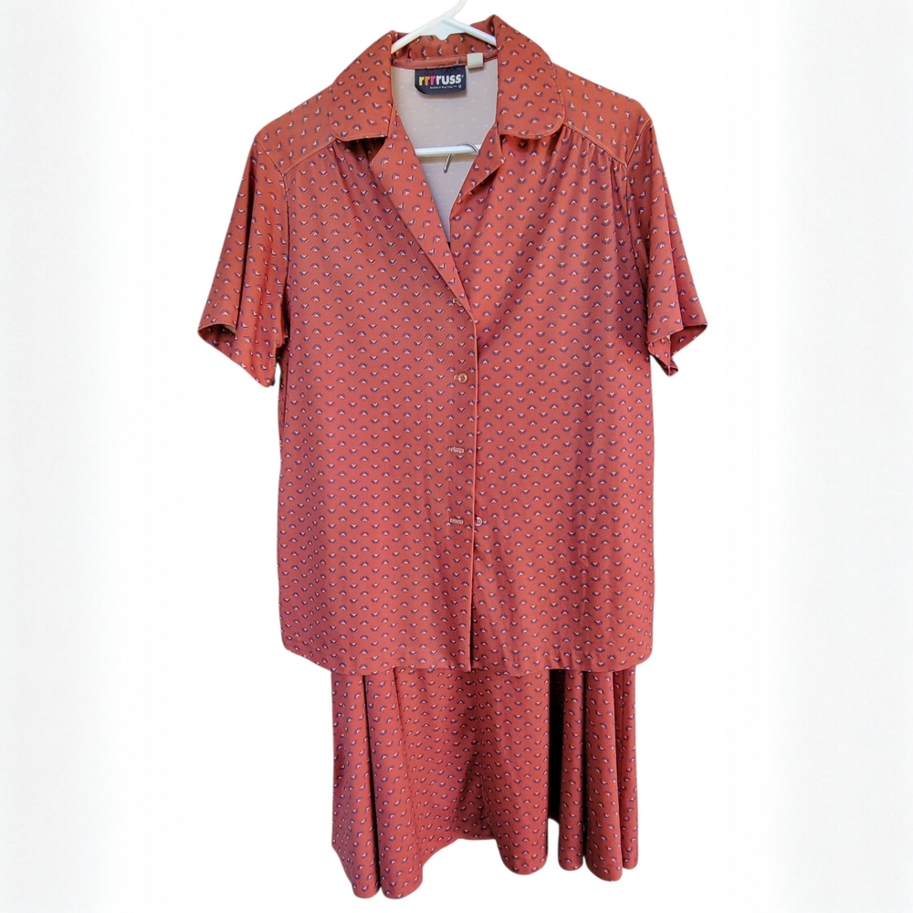 Vintage 70s Russ Matching Blouse & Skirt Set – Rust Geometric Print – Size M